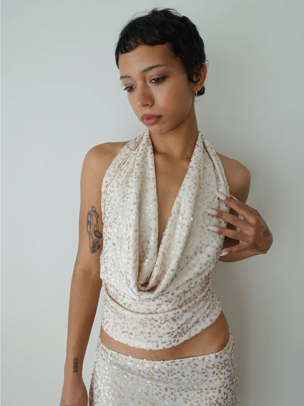NWT Campbell and Kramer Psyche Top in Sunlight Halter Sequin Gold Cowl Neck